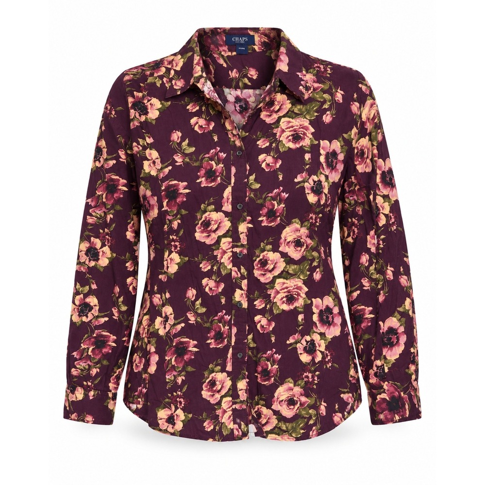 Chaps Floral Button Down Shirt 3X Purple Pink Cotton Long Sleeve Blouse
